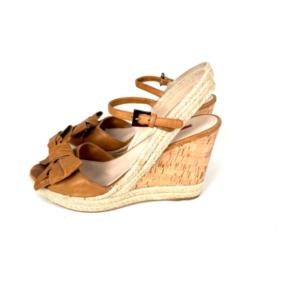Authentic PRADA Beige Bow Leather Raffia Platform Wedge Sandals Heels 39 9 - Picture 4 of 15